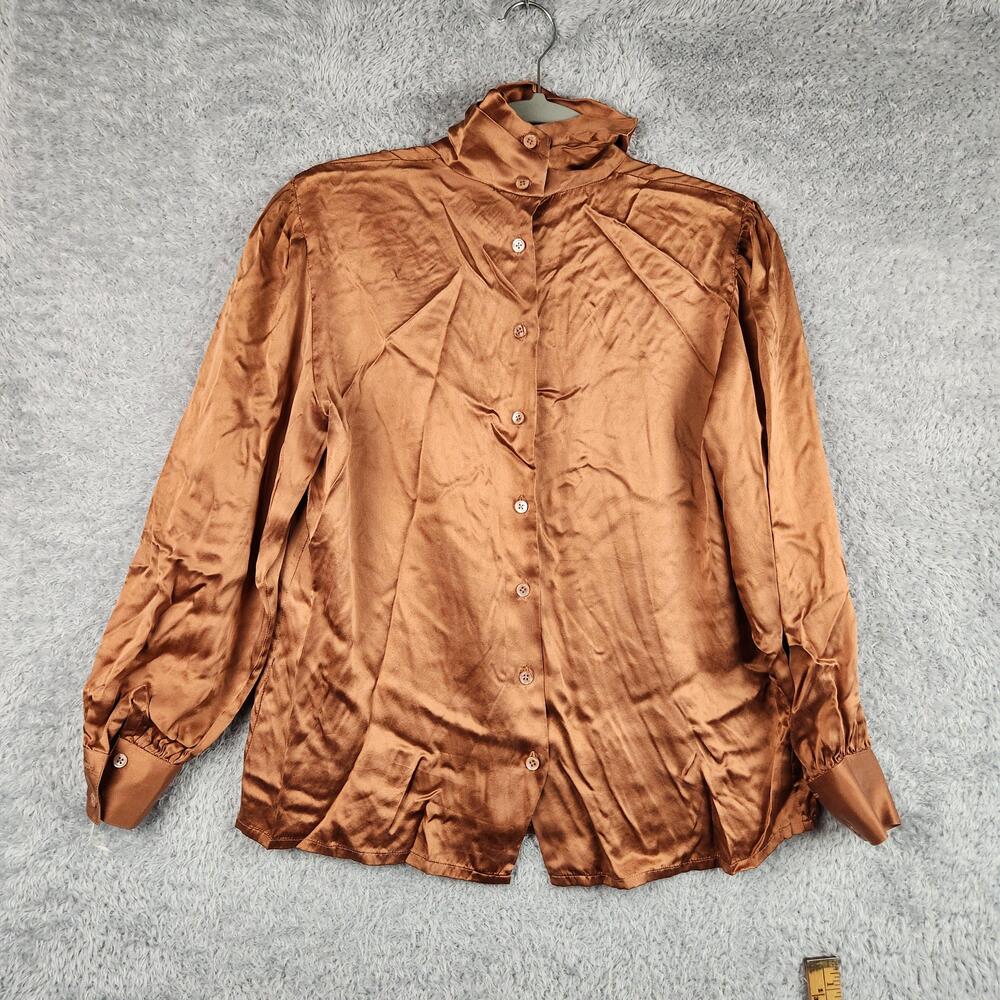 Vintage Courtney Rhodes Blouse Womens 8 Brown Silk Satin 80s Preppy High Button
